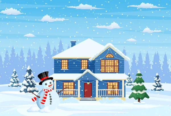 Casa suburbana cubierta de nieve. — Vector de stock