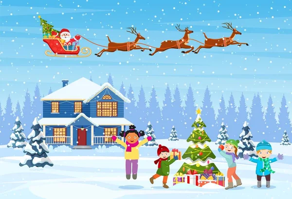 Niños decorando un árbol de Navidad — Vector de stock