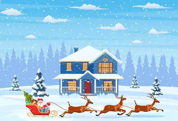 多雪的圣诞景观中的房子 — 图库矢量图片
