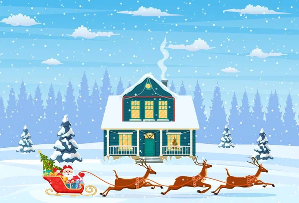 Haus in verschneiter Weihnachtslandschaft — Stockvektor