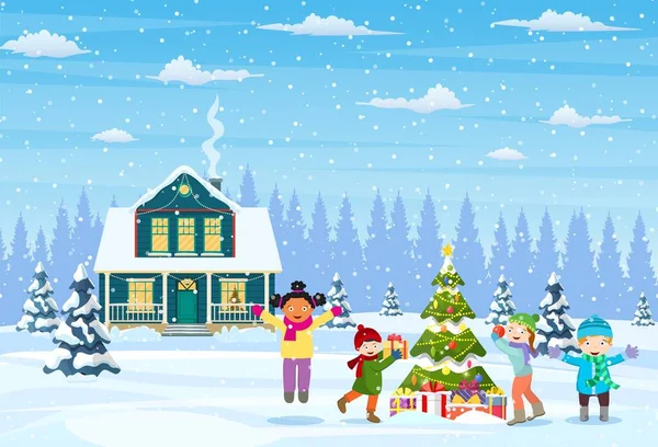 Kinder schmücken einen Weihnachtsbaum — Stockvektor