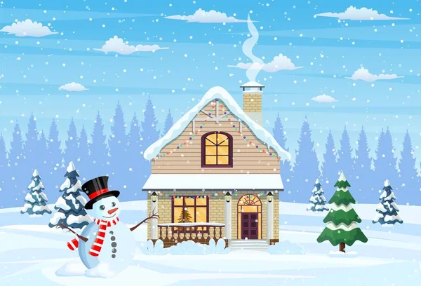 Casa suburbana cubierta de nieve. — Vector de stock