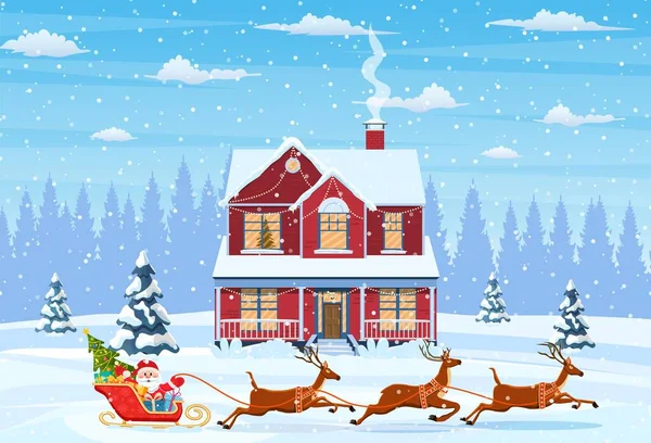 Casa em neve paisagem de Natal — Vetor de Stock