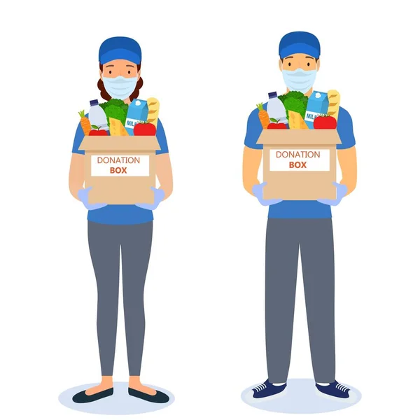 Man and woamn carries a box of food. — Stock Vector