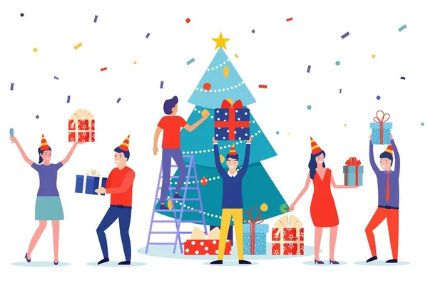 As pessoas definem decoração de árvore de Natal —  Vetores de Stock