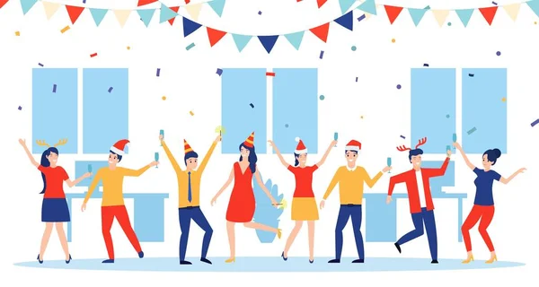 Fiesta de año nuevo en la oficina. El equipo empresarial celebra. — Vector de stock