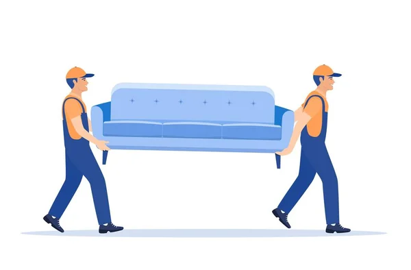 Delivery character man movers carry sofa. — Stock Vector