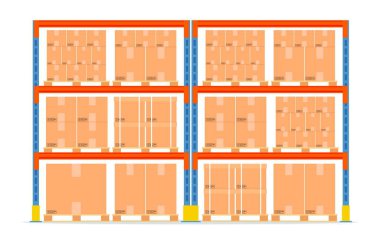 Kutularla dolu depo rafları. Depolama ekipmanı simgesi.