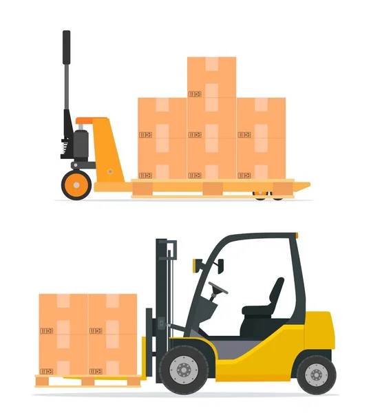 Hand pallet truck with cardboard box — Stock Vector