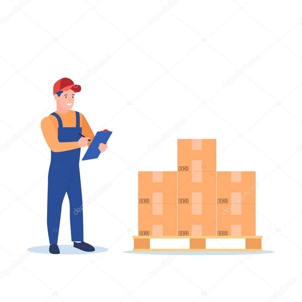 Warehouse worker checking goods on pallet stock.