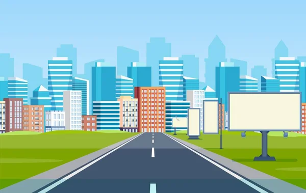 Road way to city buildings on horizon — Stock Vector