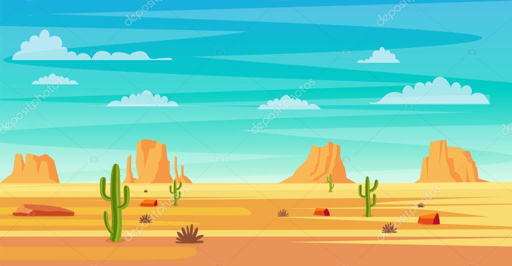 Desert landscape. Cactus plants and rocks on the sands. natural background. landscape Arizona or Mexico hot sand. Vector illustration in flat style