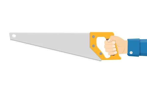 Man holding saw. Carpenter with saw in his hand. — Stock Vector