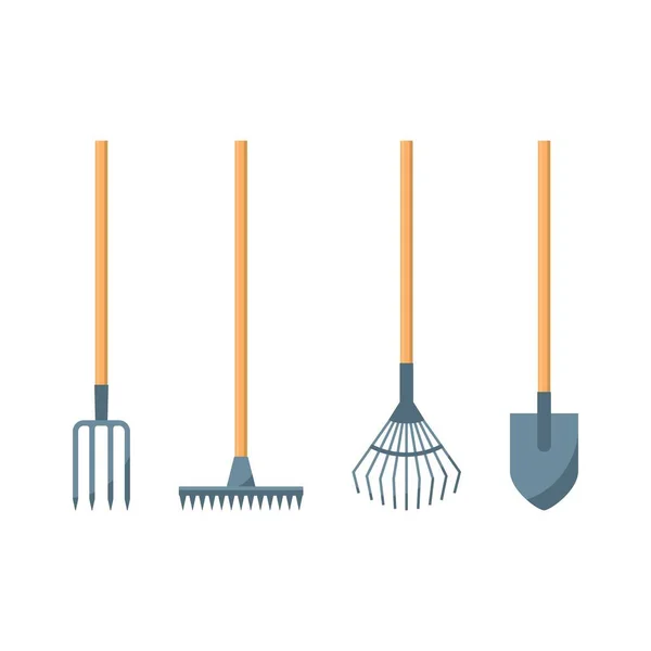 Shovel or spade, rake and pitchfork icons — Stock Vector