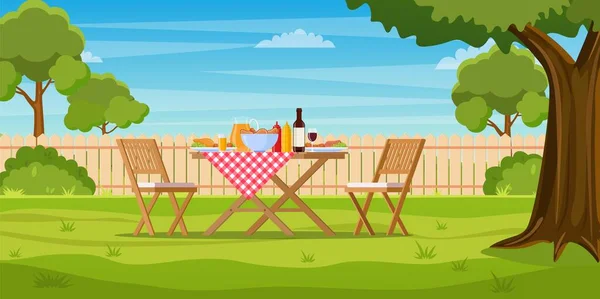 Barbecue dans la cour arrière avec clôture — Image vectorielle