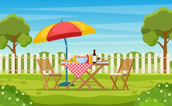 Barbecue party a kertben kerítéssel — Stock Vector