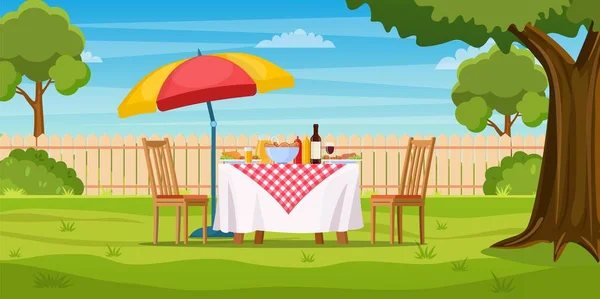 Barbecue party a kertben kerítéssel — Stock Vector