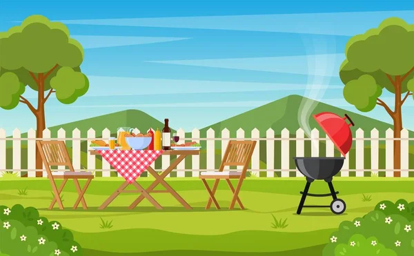 Barbecue party a kertben kerítéssel — Stock Vector