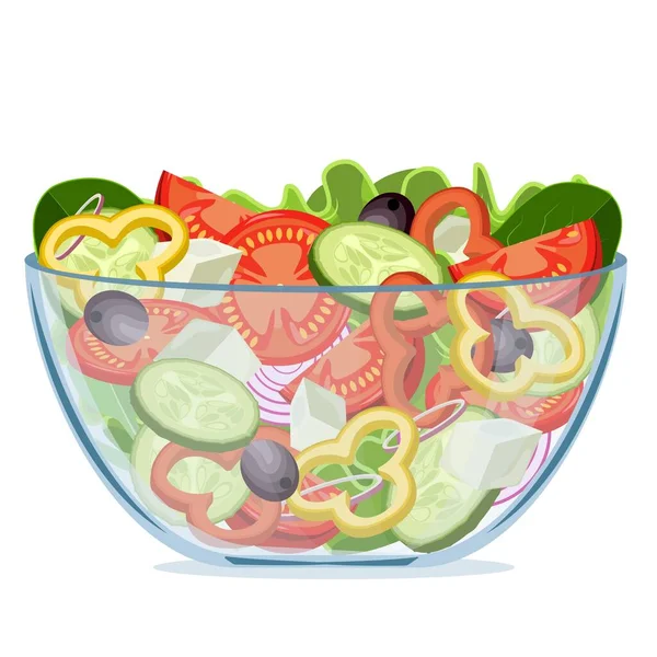 Groene salade van verse groenten in een transparante salade kom object geïsoleerd op een witte achtergrond — Stockvector