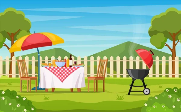 Barbecue party a kertben kerítéssel — Stock Vector