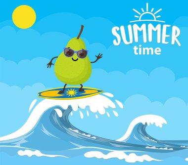 Dalga üzerinde sörf yapan armut karakterleri.