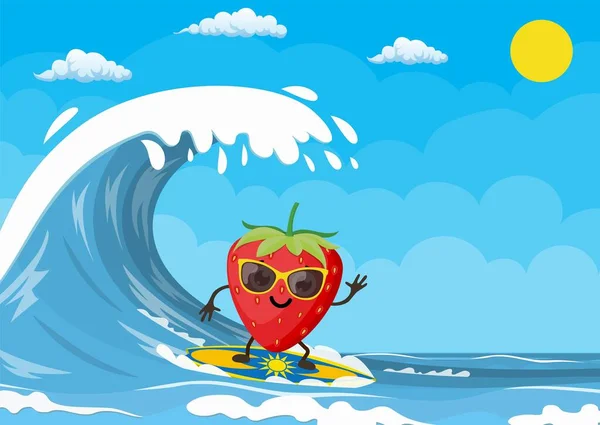 Jordgubbsfigurer som surfar på våg. — Stock vektor
