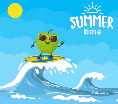 Dalgalarda sörf yapan elma karakterleri.