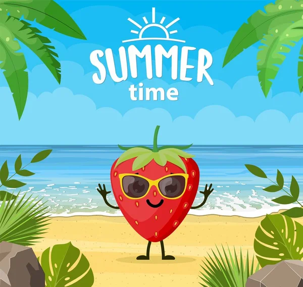 Веселий літній банер з фруктовими персонажами . — стоковий вектор