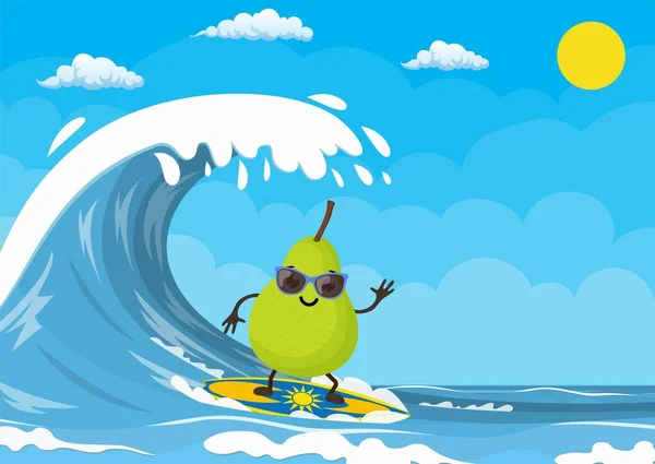Päron tecken surfa på våg. — Stock vektor