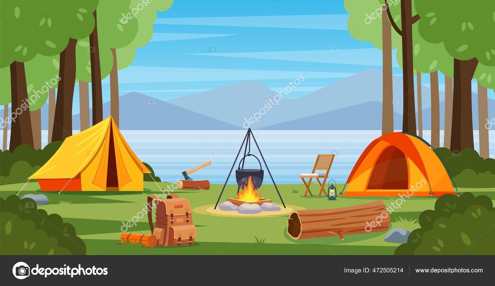 Summer camp in forest with bonfire, tent, backpack and lantern. Stock Vector Image by ©drogatnev #472505214 Summer camp in forest with bonfire, tent, backpack and lantern. Stock Vector Image by ©drogatnev #472505214