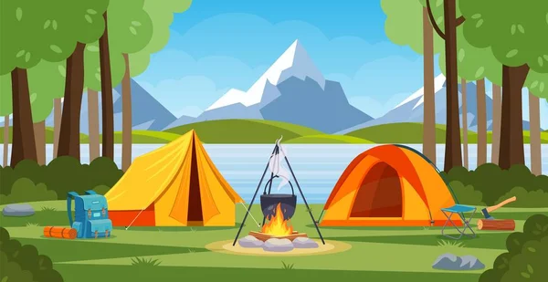 Sommerlager im Wald mit Lagerfeuer, Zelt, Rucksack und Laterne. — Stockvektor