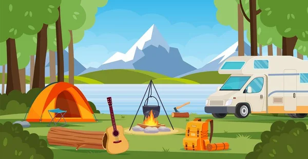 Summer camp in forest with bonfire, tent, backpack and lantern. — Stock Vector