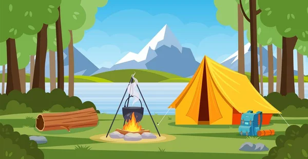 Acampamento de verão na floresta com fogueira, barraca, mochila e lanterna. — Vetor de Stock