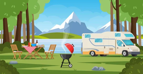 Camper con tavolo pieghevole barbecue sdraio — Vettoriale Stock