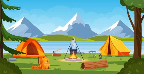 Summer camp in forest with bonfire, tent, backpack and lantern. — Stock Vector