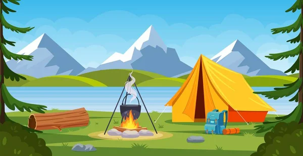 Літній табір у лісі з багаттям, наметом, рюкзаком та ліхтарем . — стоковий вектор