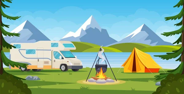Summer camp in forest with bonfire, tent, backpack and lantern. — Stock Vector