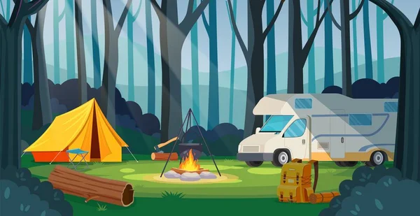 Summer camp in forest with bonfire, tent, backpack — Stock Vector