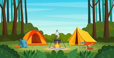 Summer camp in forest with bonfire, tent, backpack clipart