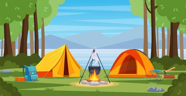 Sommerlager im Wald mit Lagerfeuer, Zelt, Rucksack und Laterne. — Stockvektor