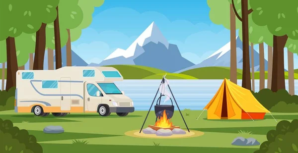 Camp d'été en forêt avec feu de joie, tente, sac à dos et lanterne. — Image vectorielle