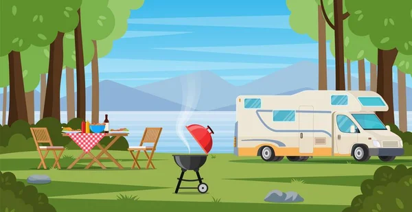 Camper mit Grill Klapptisch Liegestuhl — Stockvektor