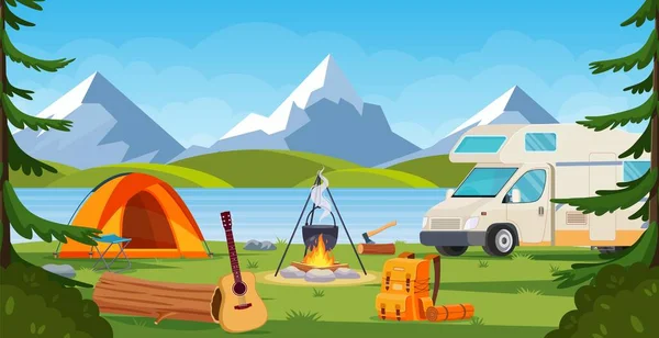 Summer camp in forest with bonfire, tent, backpack and lantern. — Stock Vector