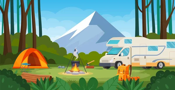 Letní tábor v lese s táborákem, stan, batoh — Stockový vektor