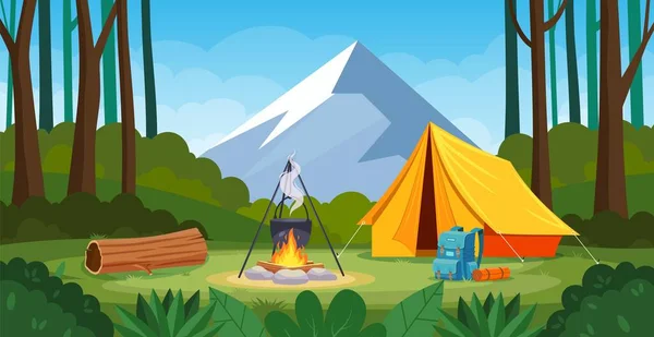 Letni obóz w lesie z ogniskiem, namiotem, plecakiem — Wektor stockowy