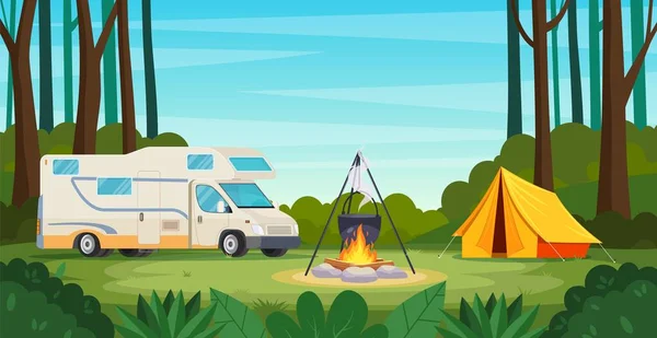 たき火、テント、バックパックと森の中の夏のキャンプ — ストックベクタ