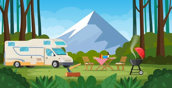 Camper with barbecue folding table deckchair — Stock Vector