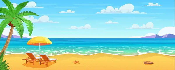 Морской пляж и шезлонги. — стоковый вектор