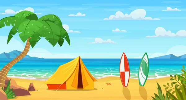 夏天在海滩上。周围的棕榈树和植物 — 图库矢量图片