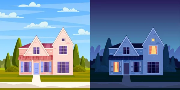 Street in suburb district with residential house — Stock Vector